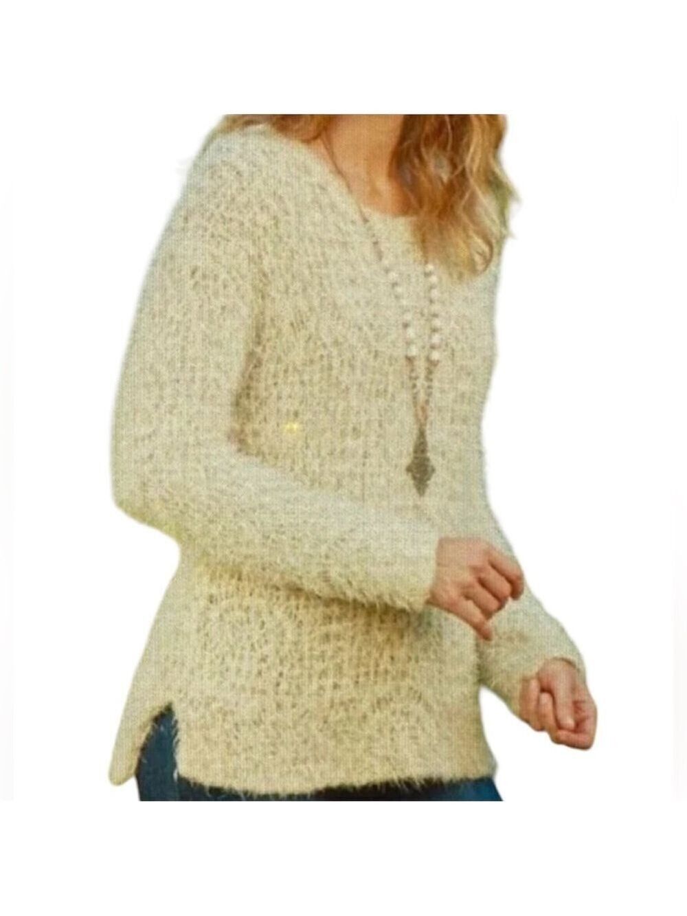 Soft Surroundings Eyelash Knit Sweater XL Women Beige w/Gold Metallic Threads